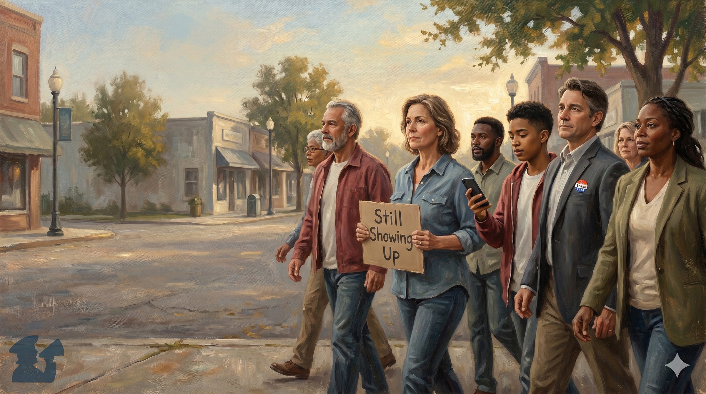 A realist painting of a diverse group of people marching down an autumn-lit small-town main street at golden hour. A central woman holds a hand-painted cardboard sign reading 'Still Showing Up', flanked by other individuals of various ages and backgrounds, all moving purposefully forward against a background of historic brick buildings and lampposts.