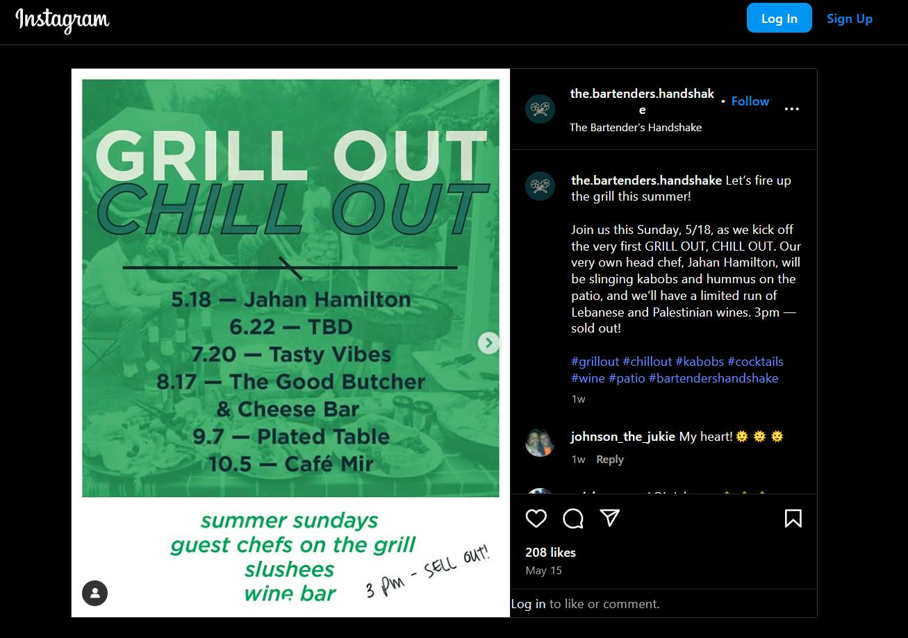 Screenshot of Bartender's Handshake's IG post about their Grill Out Chill Out