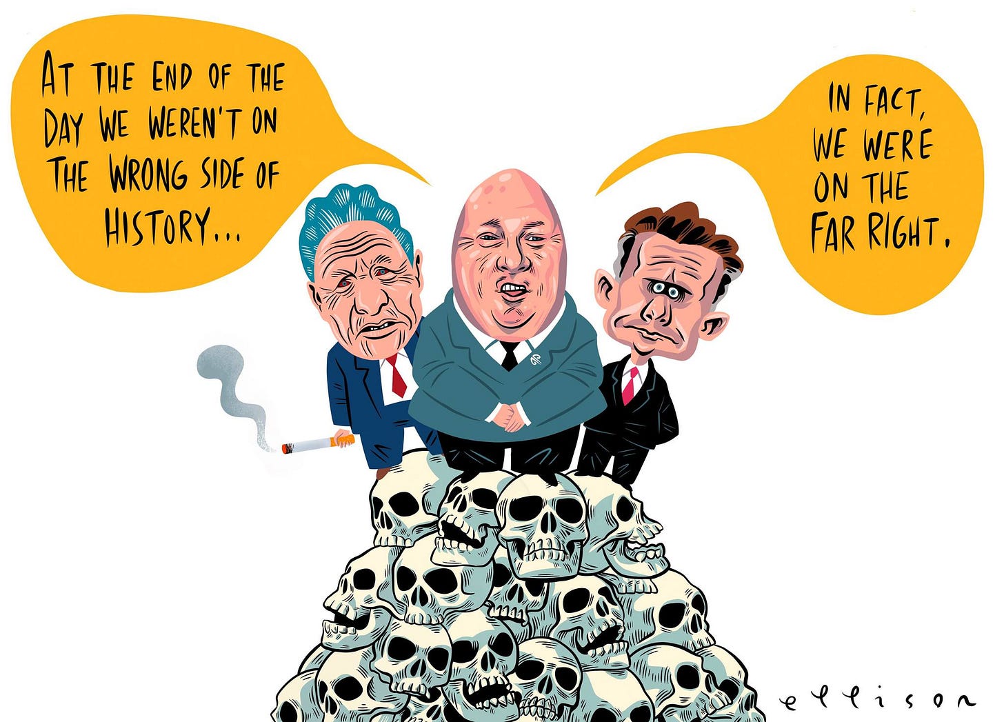 May be pop art of text that says "AT THE END OF Te DAY WE WEREN'T ON THE WRONG SIDE OF HISTORY... IN ra, WE WERE ON THE FAR RIGHT, 魚 1111 หลงปิย elfison"