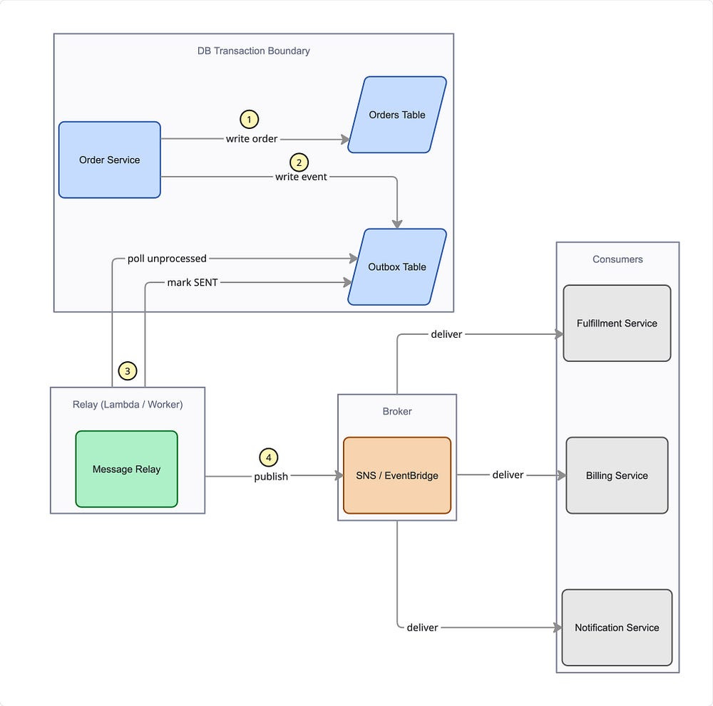 Transactional outbox pattern with DynamoDB Streams Lambda message relay publishing OrderPlaced events to SNS EventBridge in AWS microservices Transactional outbox pattern with DynamoDB Streams Lambda message relay publishing OrderPlaced events to SNS EventBridge in AWS microservices