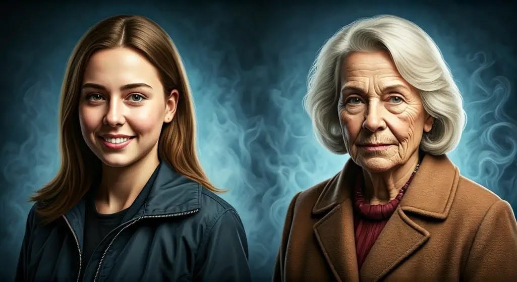 Cell rejuvenation for eternal youth? The image portrays a woman at two distinct ages, 70 and 18, positioned next to each other.