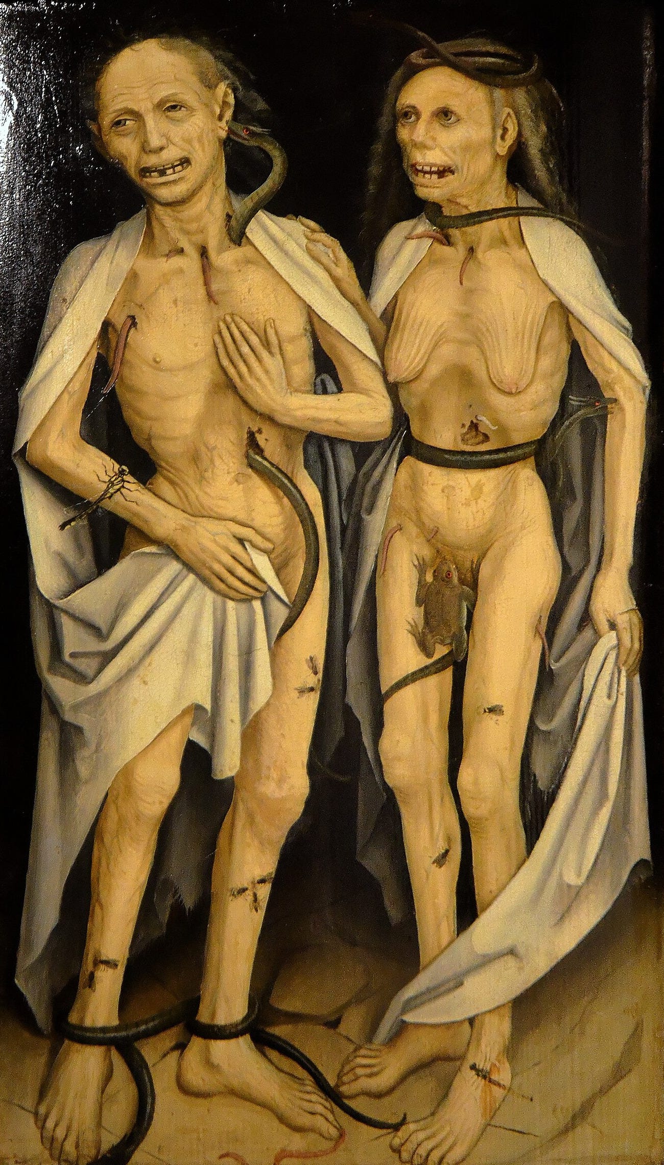 The Dead Lovers, Upper Rhine, about 1470: two rotting corpses in shrouds, with snakes, worms and a toad The Dead Lovers, Upper Rhine, about 1470: two rotting corpses in shrouds, with snakes, worms and a toad