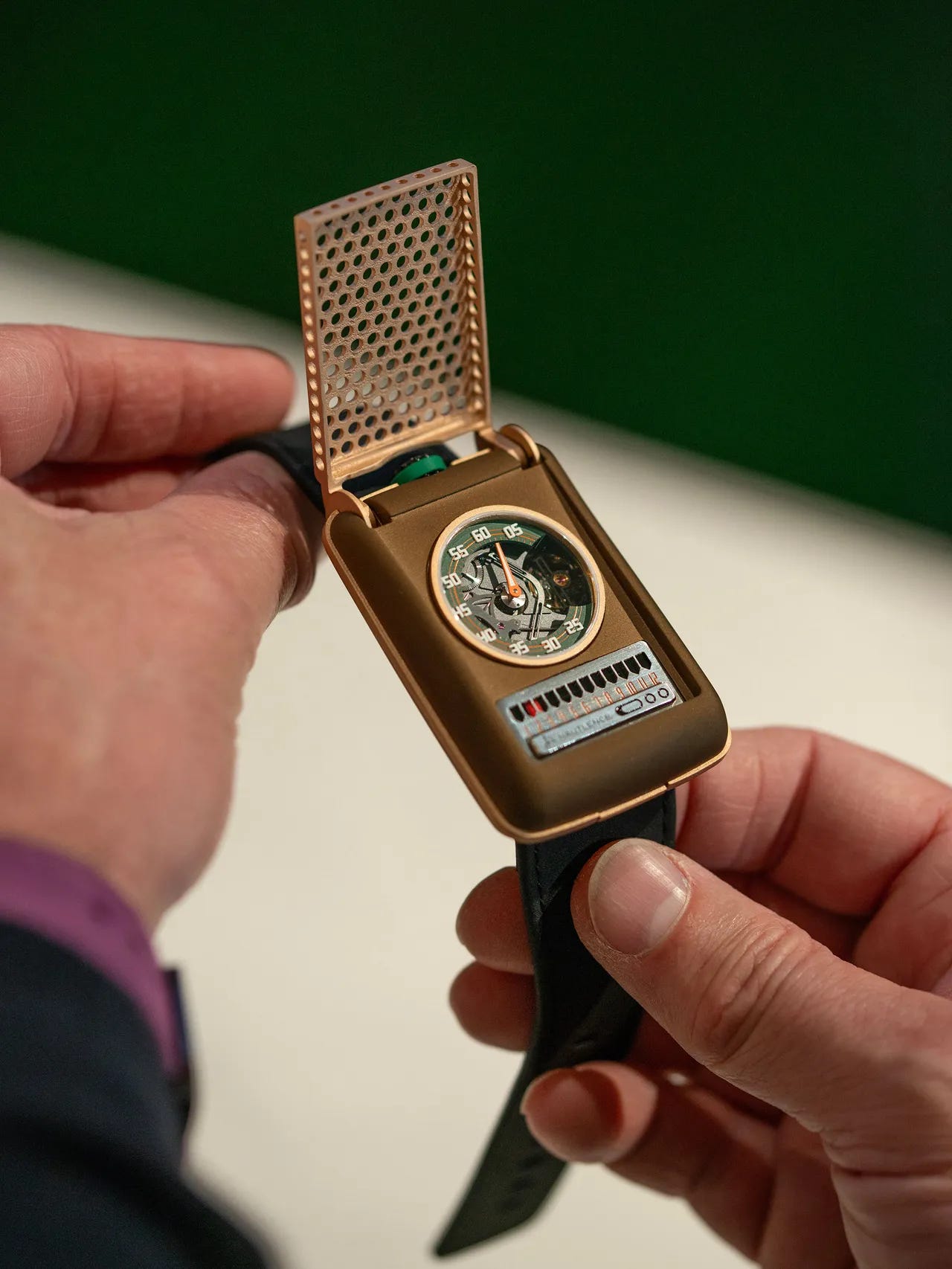 Hautlence's new wristwatch with the lid open