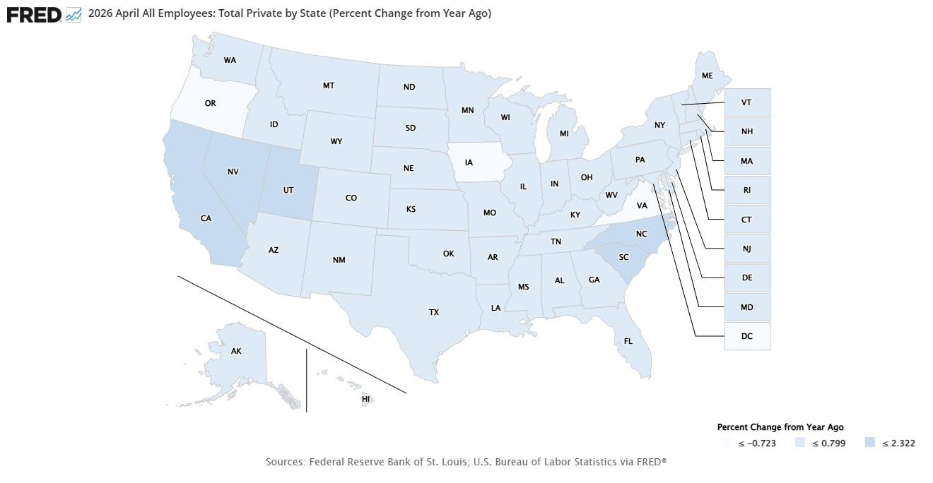 FRED map created by SRR Consulting that shows April 2026 annual payroll job growth by state using three shades of blue for declining, stable, and expanding total employment FRED map created by SRR Consulting that shows April 2026 annual payroll job growth by state using three shades of blue for declining, stable, and expanding total employment