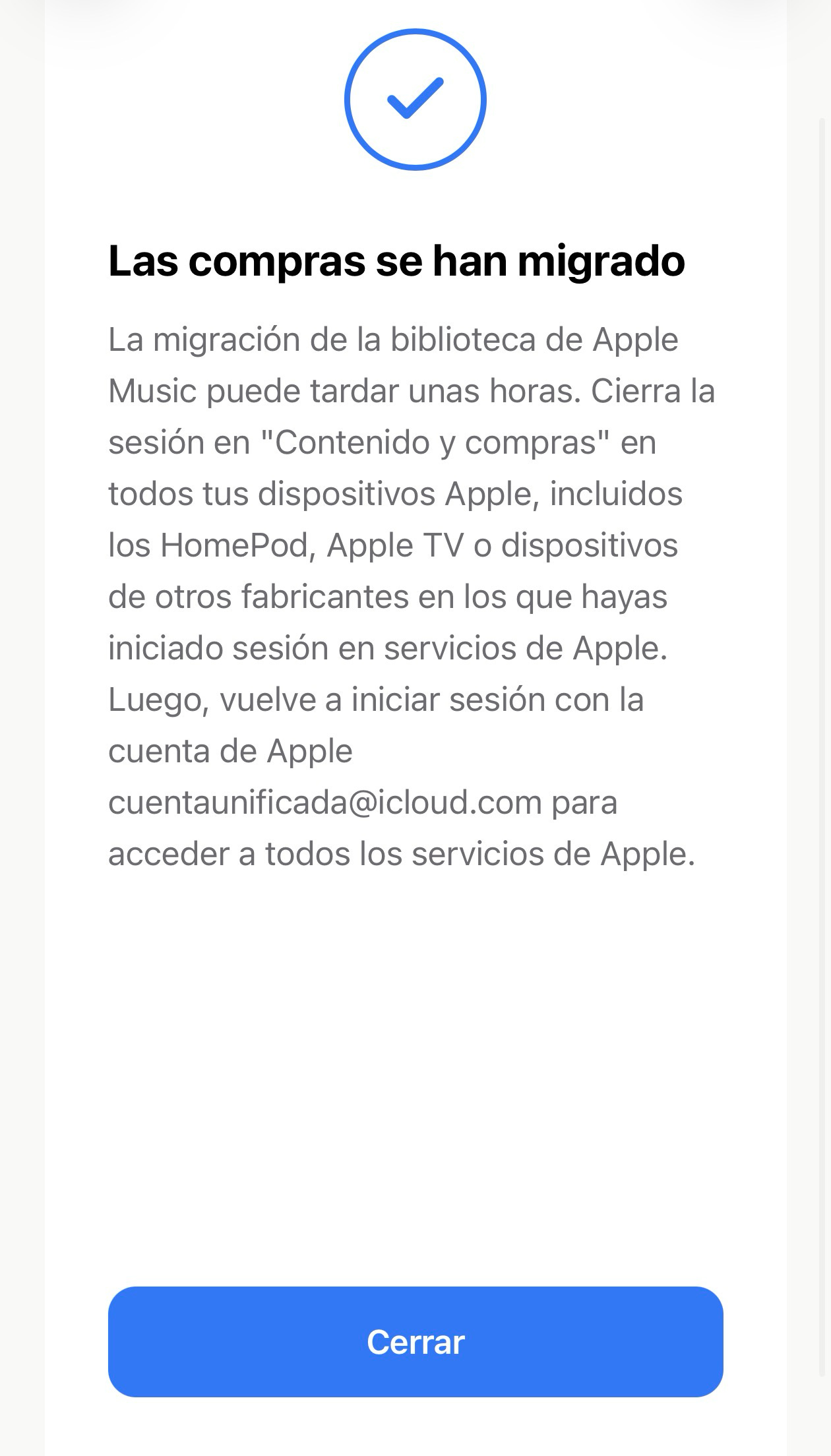 Pantalla de confirmación de migración de compras.