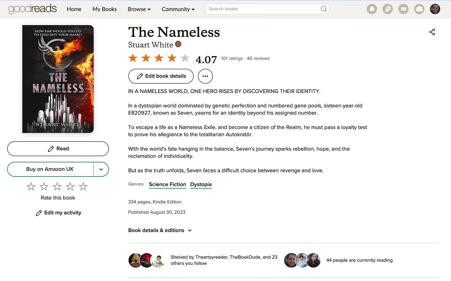 Image shows Goodreads listing for the Nameless. The cover is shown, along with the blurb and number of rating and reviews as well as other metadata. https://www.goodreads.com/book/show/179956153-the-nameless
