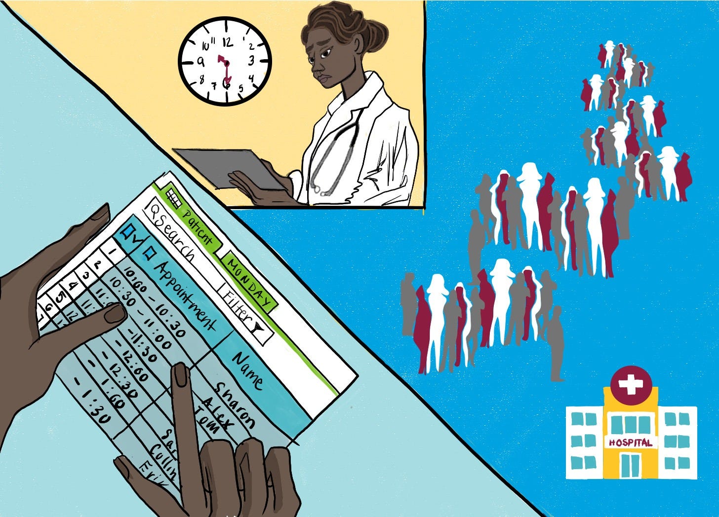 An illustration of a split scene showing a hand pointing to a printed appointment schedule while a healthcare professional holds a tablet near a clock, and a long line of people leading to a hospital building.