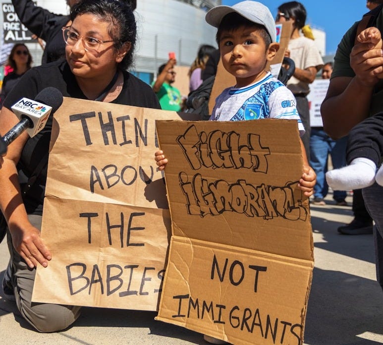 Protestors hold signs about babies and immigrants.