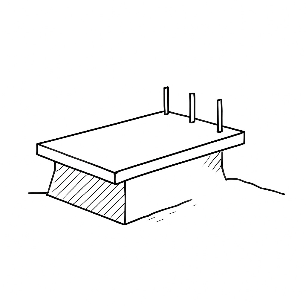A simple line drawing of a flat rectangular platform resting on a solid base, with three vertical pole-like structures rising from the far edge. The base is slightly embedded into the ground.
