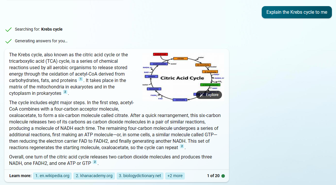 Asking about the Krebs cycle in Bing
