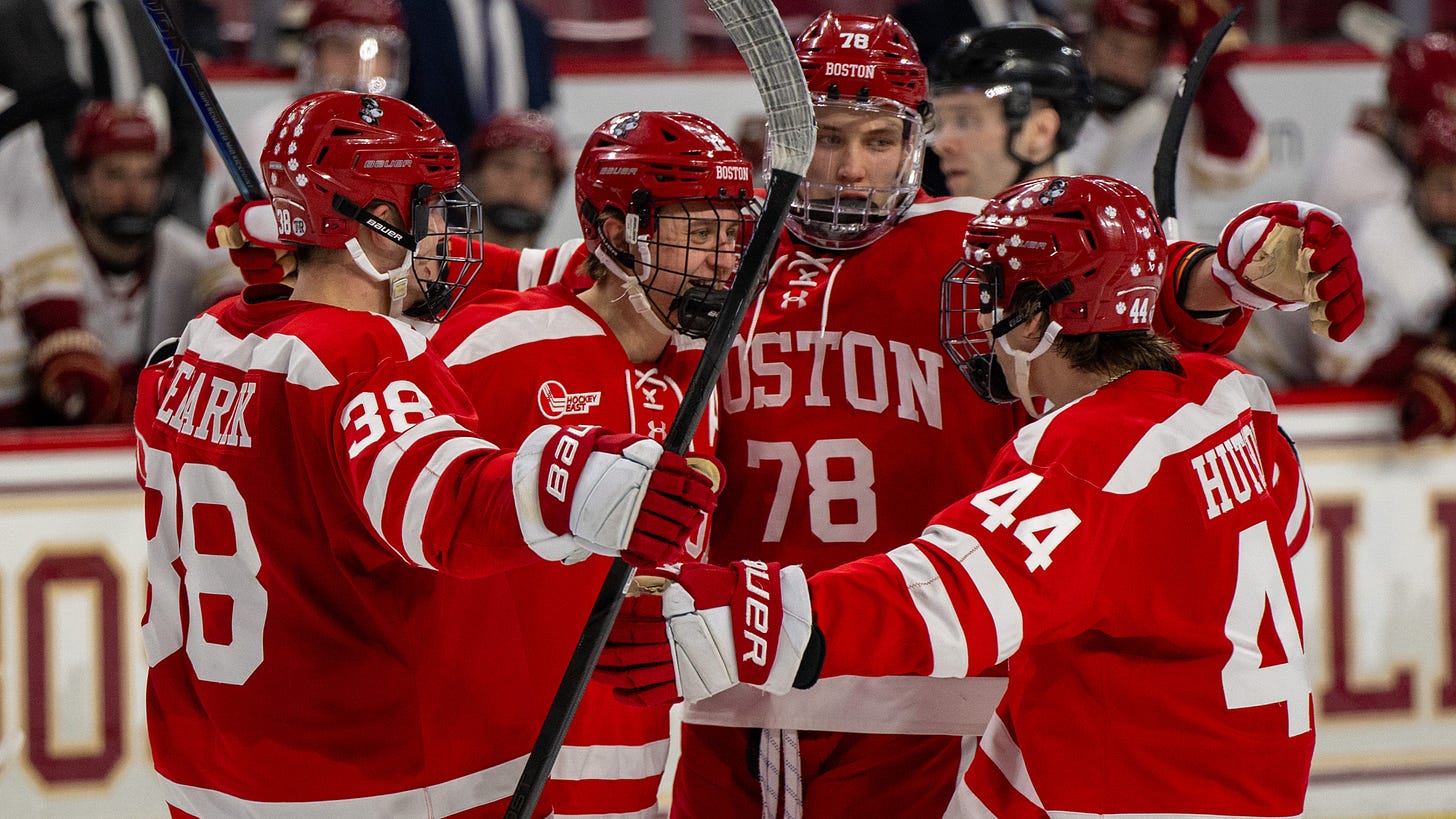 BU men's hockey players celebrate a goal at BC