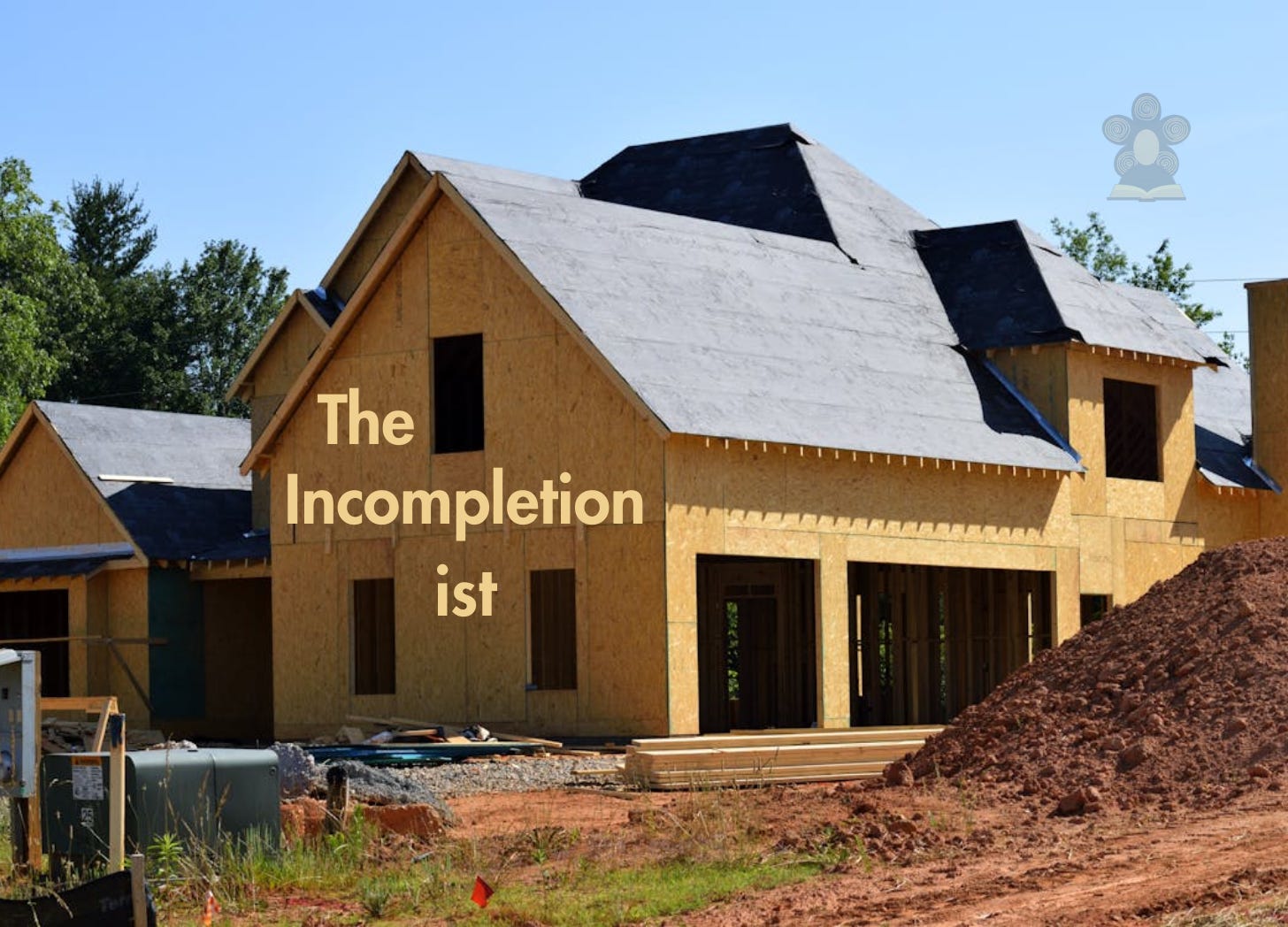 An unfinished house with plywood walls sits under a warm sun next to a mound of dirt.