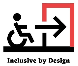 A simple logo of a wheelchair user entering a door. The  door is highlighted to emphasise its accessibility to the wheelchair user. The logo is titled Inclusion by Design.