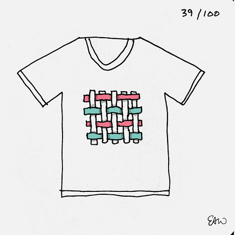 Thumbnail sktches of t-shirt concepts coloured in a limited palette