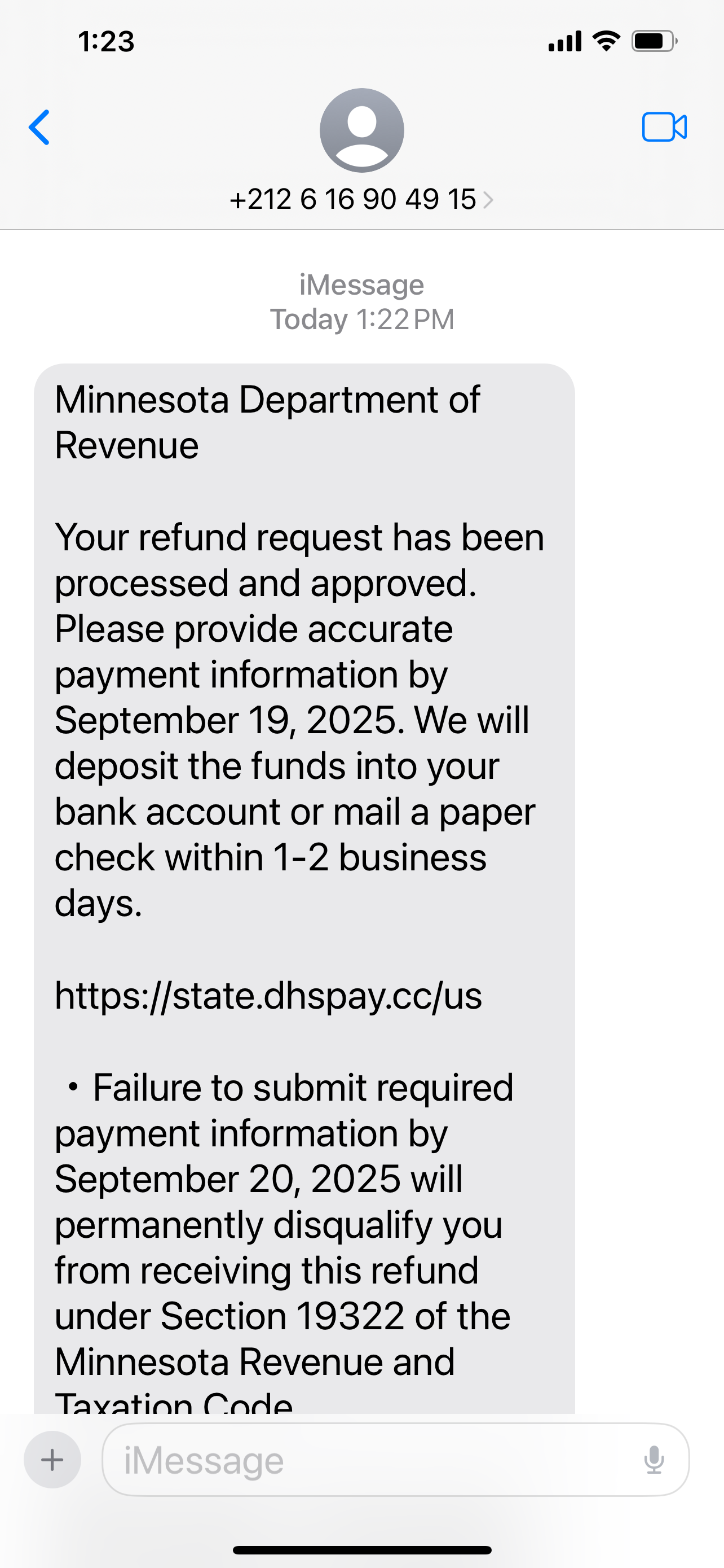 Screenshot of scam text message