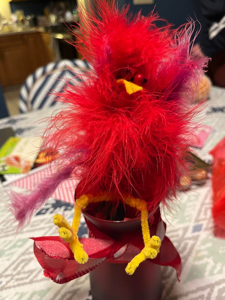 A super crazy red feathered bird.
