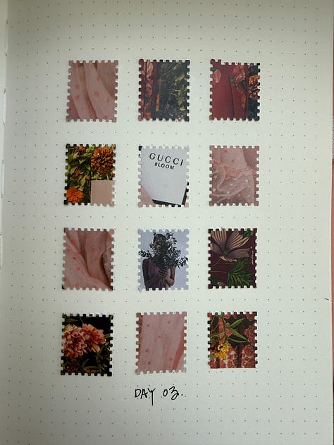 sketchbook with 12 tiny stamp cut images pasted uniformally on the page