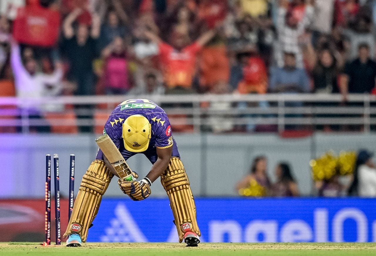 Andre Russell's wicket signalled the end of the match, Punjab Kings vs Kolkata Knight Riders, IPL 2025, Mullanpur, April 15, 2025