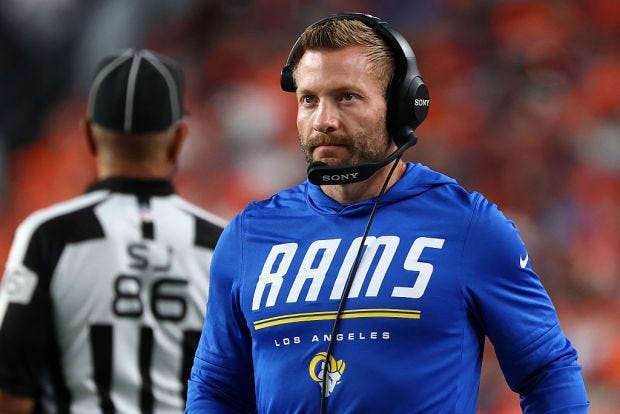 Los Angeles Rams head coach Sean McVay looks on during the first quarter against the Denver Broncos at Empower Field At Mile High on Sunday, Sept. 27, 2026, in Denver. (Justin Tafoya/Getty Images)