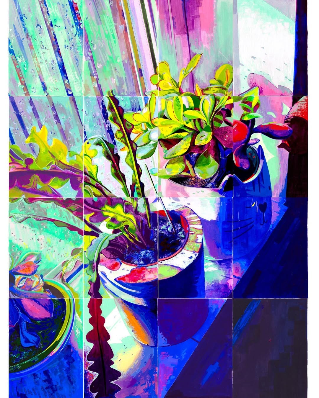 A vivid gouache painting of plants on a window ledge made up of sixteen smaller paintings A vivid gouache painting of plants on a window ledge made up of sixteen smaller paintings