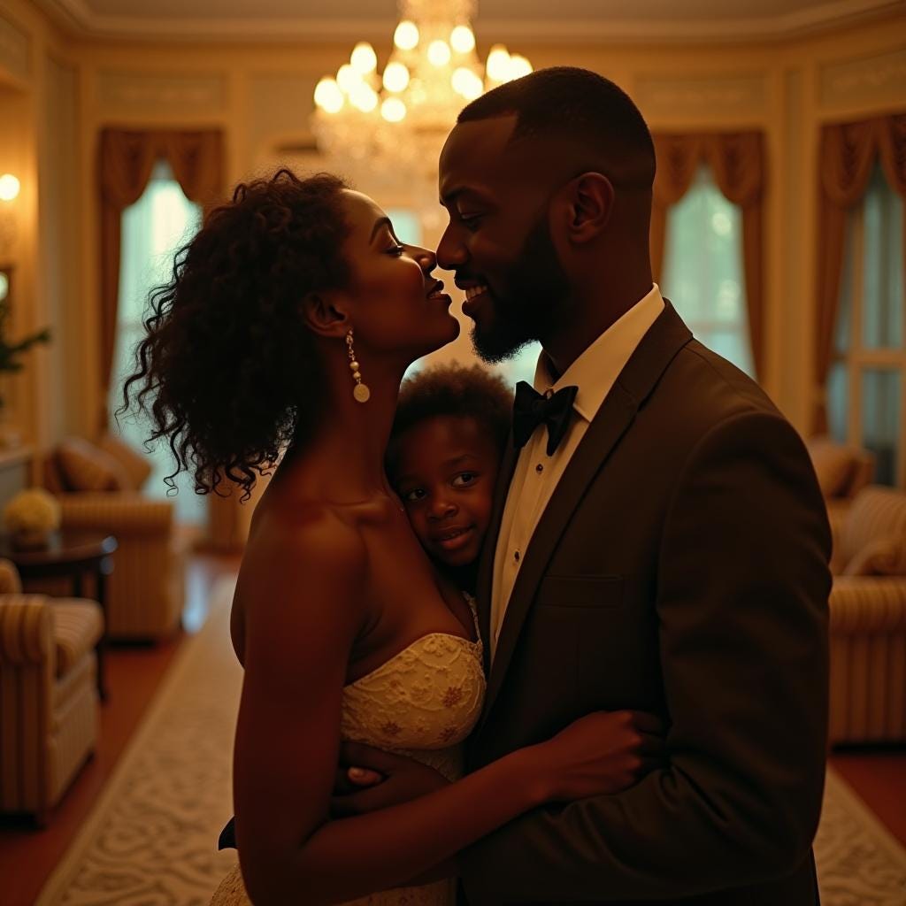 Elegant black couple embracing, surrounded by their loving children, within the lavish interior of an extravagant Jamaican villa.