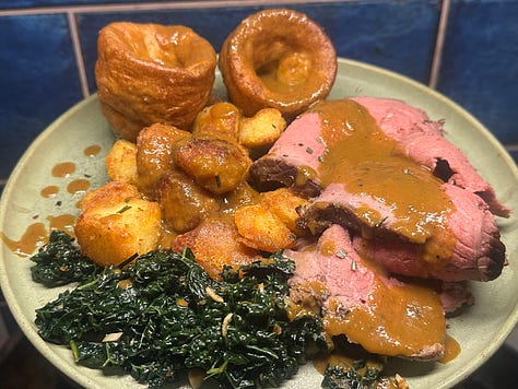 From Left to right: Smash Burgers with Garlic and Chive Aioli, Red Leicester and Wholegrain Mustard Cheese, Caramelised Sumac Onions, and Lean Beef Patty | Egg Salad Sandwich | Roast Potatoes with Rosemary Salt | Reverse-Seared Roast Beef | Roast Dinner Plate with Roast Beef, Roast Potatoes, Yorkshire puddings, Garlic Cavolo Nero and Beef Dripping Gravy