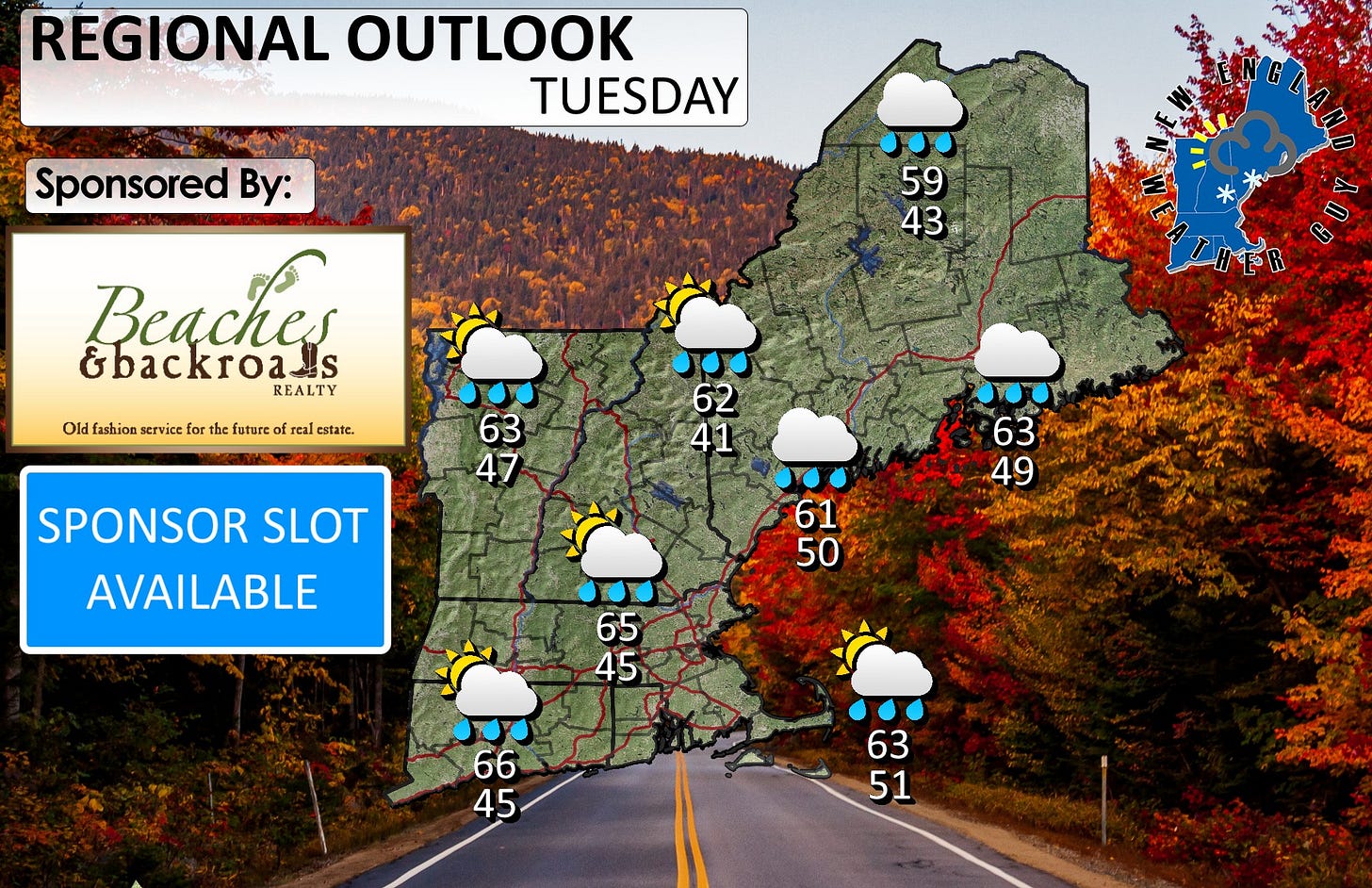 May be an image of map, road and text that says 'REGIONAL OUTLOOK TUESDAY Mu Sponsored By: 59 43 Beaches &backroas S REALTY Old fashion service the the future of of real estate. 63 47 62 41 SPONSOR SLOT AVAILABLE 63 49 61 50 65 45 66 45 63 51 หลิทา 강가볶이'