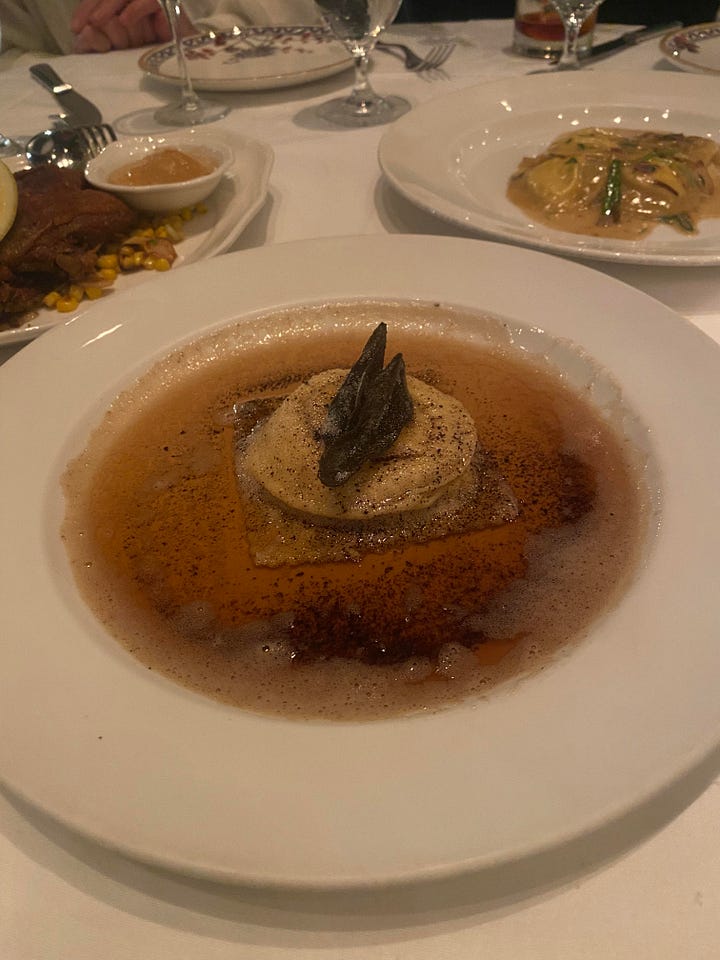 Raviolo at Mozza; Andrew, Emma, and Elyssa at Mozza.