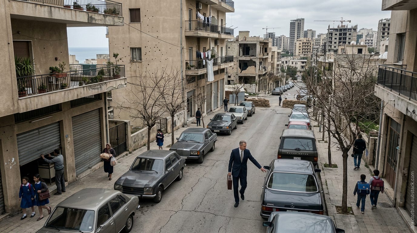 same location new Photorealistic aerial photograph 169 aspect ratio taken from a drone hovering approximately 120 feet above and at a three-quarter angle looking down onto a narrow residential street in the Bir Hassan neighborhood of West B_image_1 same location new Photorealistic aerial photograph 169 aspect ratio taken from a drone hovering approximately 120 feet above and at a three-quarter angle looking down onto a narrow residential street in the Bir Hassan neighborhood of West B_image_1