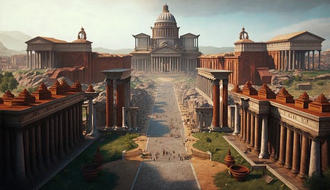Midjourney prompt: all roads lead to rome during roman empire era triumphant volumetric