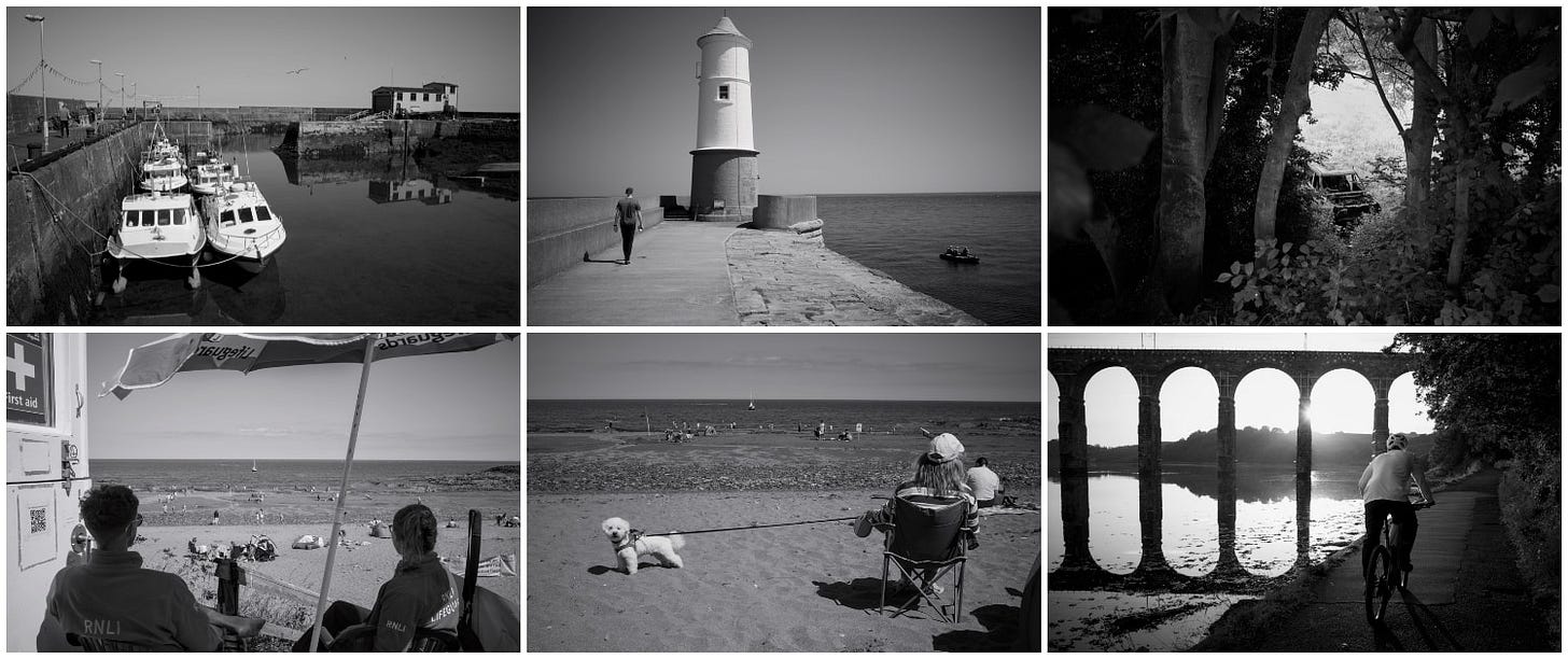 A selection of six landscape photos arranged three above three. Starting top left there's an image of the harbour at ST Abbs, top middle is Berwick Pier. Top right is a burnt put car visible through trees, bottom left is a shot of the RNLT watching over Coldingham beach, and bottom middle is a dog on a lead on the beach. Finally the last shot is of a cyclist riding along the side of the Tweed in Berwick with a silhouette of the Royal Border Bridge.