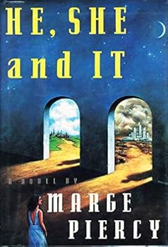 A book cover of a woman in front of three arched openings. The book cover of He, She, and It by Marge Piercy.