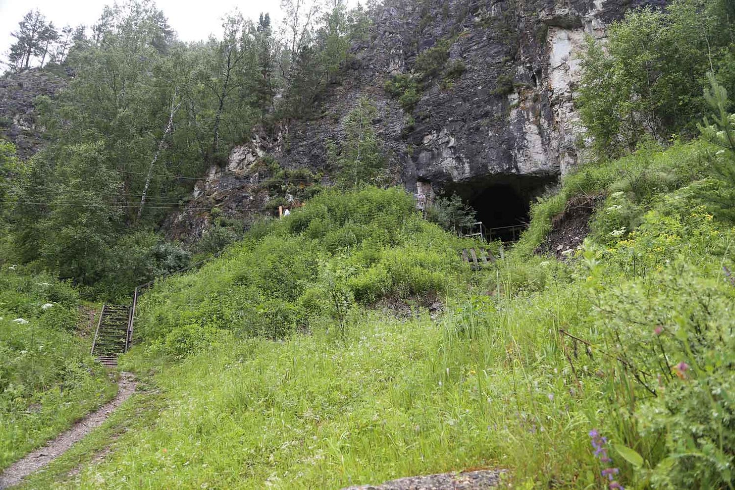 Image of Denisova Cave opening with surrounding cliff face and green grass and trees