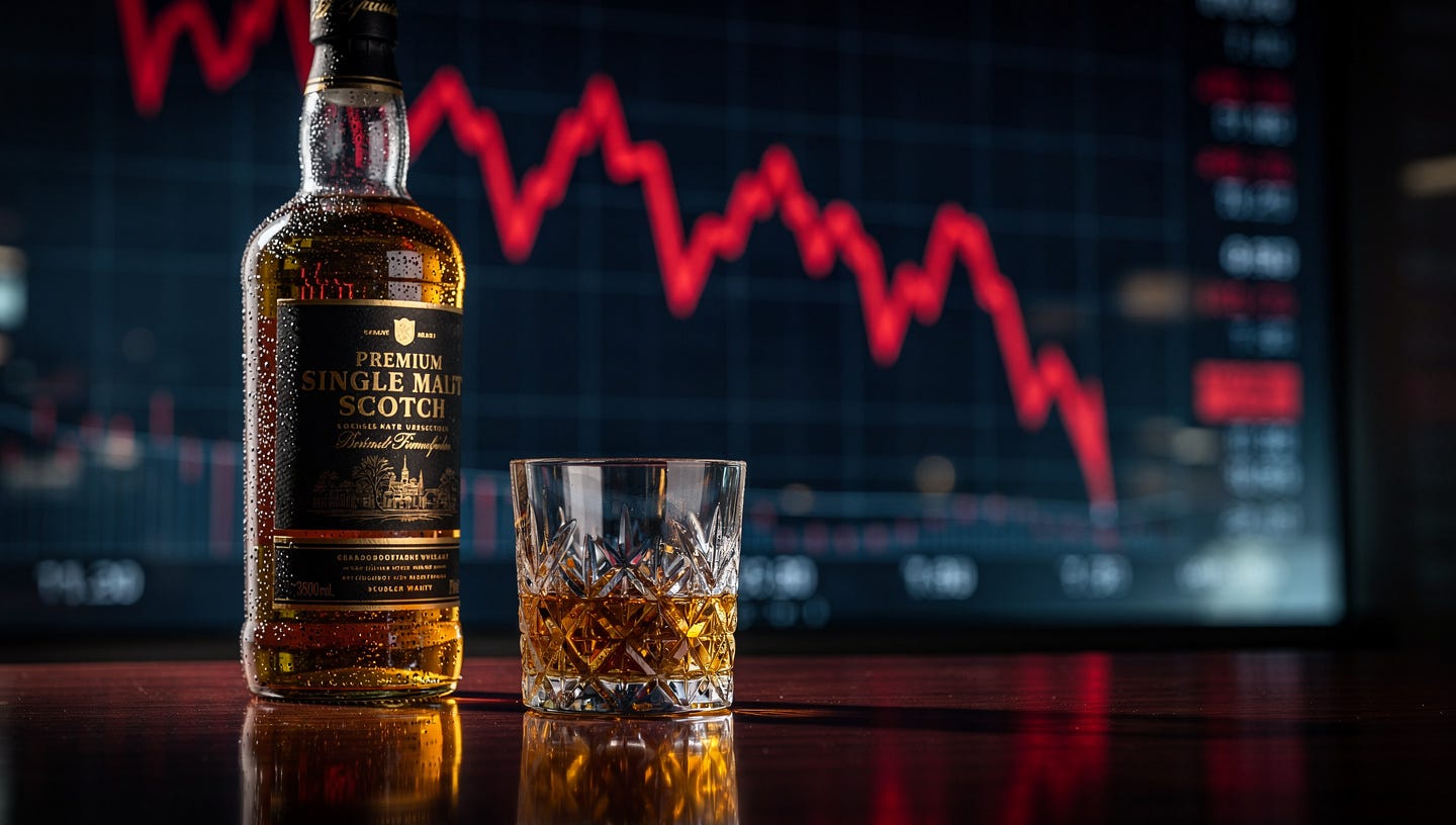 Cinematic wide-angle photograph of a premium whisky glass filled with golden liquid, sitting on a dark mahogany bar counter, with a blurred background showing a descending stock market chart projected on a glass wall in deep red tones. Dramatic chiaroscuro lighting. In the foreground, a bottle of premium scotch whisky with condensation droplets. The overall mood is tense, corporate, and melancholic. Shot on Hasselblad, 85mm lens, shallow depth of field, ultra-realistic, 8K resolution, editorial photography style.