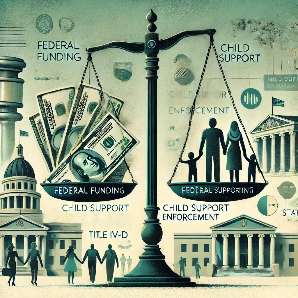 A symbolic illustration for an article about the finances of the Child Support Enforcement program under Title IV-D of the Social Security Act. The scene features a balance scale, with one side holding a stack of money labeled 'Federal Funding' and the other side holding family silhouettes labeled 'Child Support Enforcement.' The background includes a mix of government buildings and courtroom imagery, symbolizing the partnership between federal and state systems. Muted colors with accents of green and gold highlight the financial aspect, and the overall tone is reflective and informative.
