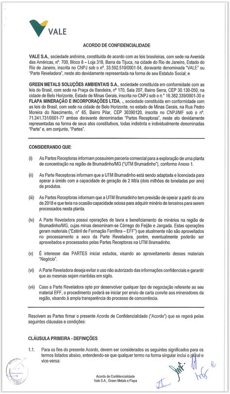 DOCUMENTO INÉDITO — Acordo de Confidencialidade celebrado em 20 de julho de 2017 entre VALE S.A. (como “Parte Reveladora”), GREEN METALS SOLUÇÕES AMBIENTAIS S.A. e FLAPA MINERAÇÃO E INCORPORAÇÕES LTDA. (como “Partes Receptoras”). Objeto: “estéril de formação ferrífera de Jangada e Feijão”. Signatário pela Vale: Lúcio Cavalli. Signatária pela Green Metals: Luciana Freitas Goulart. Documento omitido pela Vale durante a CPI de Brumadinho da ALMG. Divulgado aqui pela primeira vez.