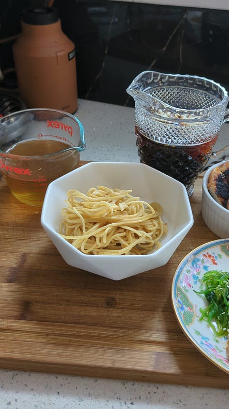 Uncooked dried Japanese style ramen noodles getting ready to boil. Bowl containing the same cooked noodles.