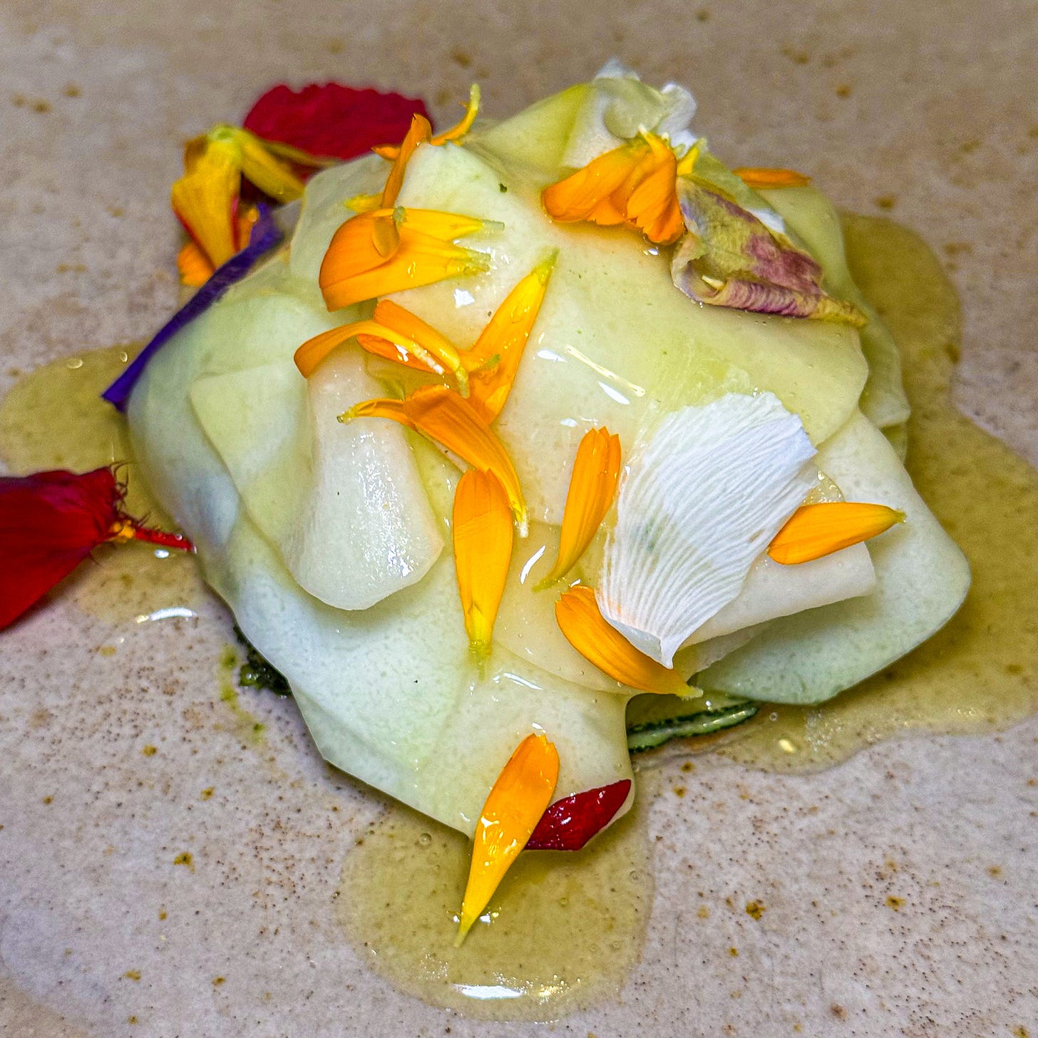 Shaved kohlrabi and courgette under a green sauce, dressed with a bright pink nasturtium flower, at Datil in Paris. Shaved kohlrabi and courgette under a green sauce, dressed with a bright pink nasturtium flower, at Datil in Paris.