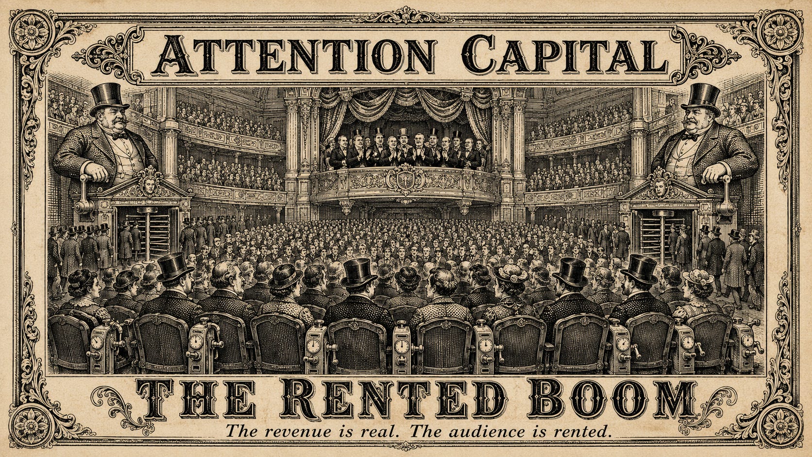 Wood-engraving magazine cover in the Thomas Nast Harper's Weekly style for Attention Capital's essay The Rented Boom, with an ornamental Victorian border, an engraved masthead reading Attention Capital, and the headline The Rented Boom over the dek "The revenue is real. The audience is rented." The central illustration shows a packed 19th century opera house where every seat is a coin-operated rental chair fed by turnstile gatehouses operated by top-hatted landlord figures, while financiers applaud the full house. The cover states the essay's thesis: micro-drama revenue is real, and the audience underneath it is rented from platform landlords. Keywords: micro-drama market, owned vs. rented attention, private credit, audience as collateral, attention as an asset class. Wood-engraving magazine cover in the Thomas Nast Harper's Weekly style for Attention Capital's essay The Rented Boom, with an ornamental Victorian border, an engraved masthead reading Attention Capital, and the headline The Rented Boom over the dek "The revenue is real. The audience is rented." The central illustration shows a packed 19th century opera house where every seat is a coin-operated rental chair fed by turnstile gatehouses operated by top-hatted landlord figures, while financiers applaud the full house. The cover states the essay's thesis: micro-drama revenue is real, and the audience underneath it is rented from platform landlords. Keywords: micro-drama market, owned vs. rented attention, private credit, audience as collateral, attention as an asset class.