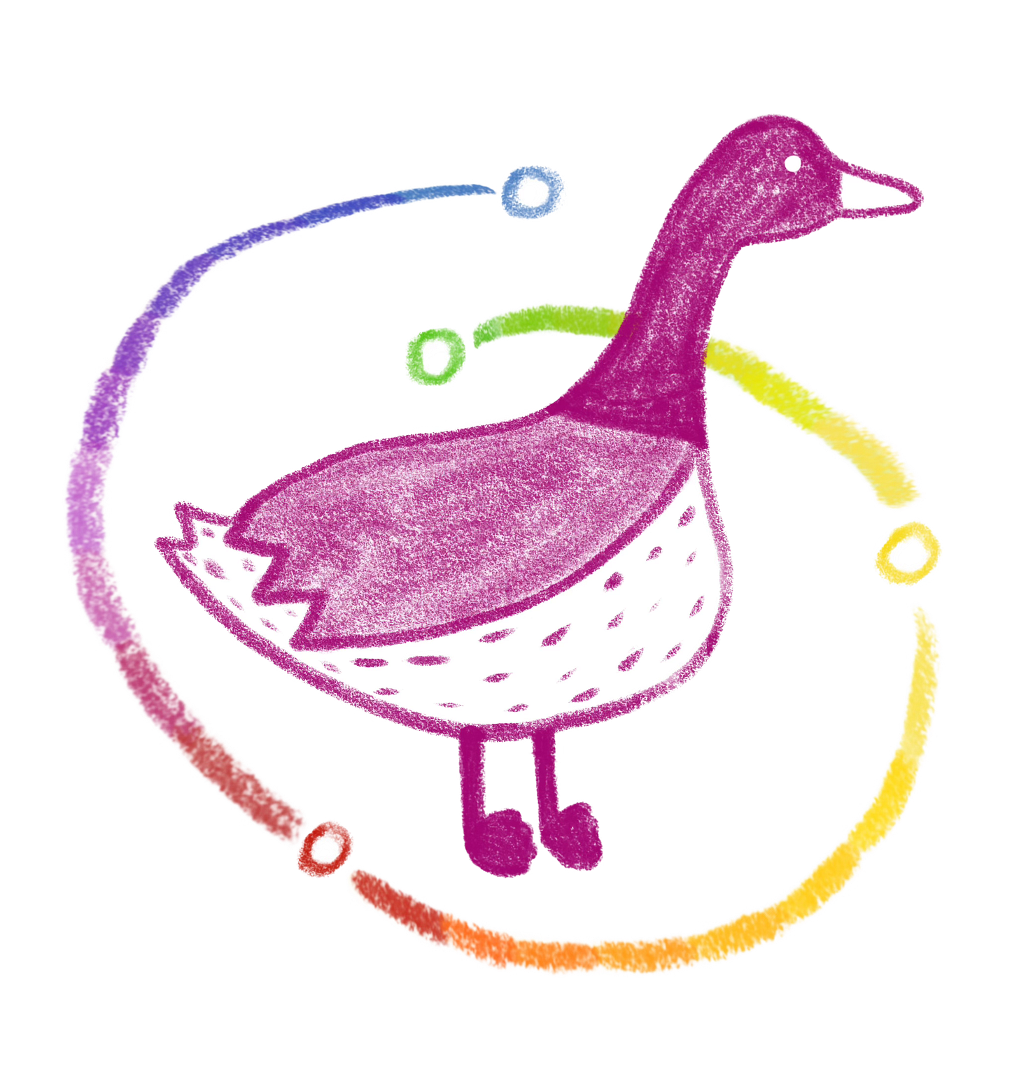 Afbeelding van een gans met daaromheen 4 cirkels die in verbinding zijn met drie lijnen, getekend in kleurpotlood
