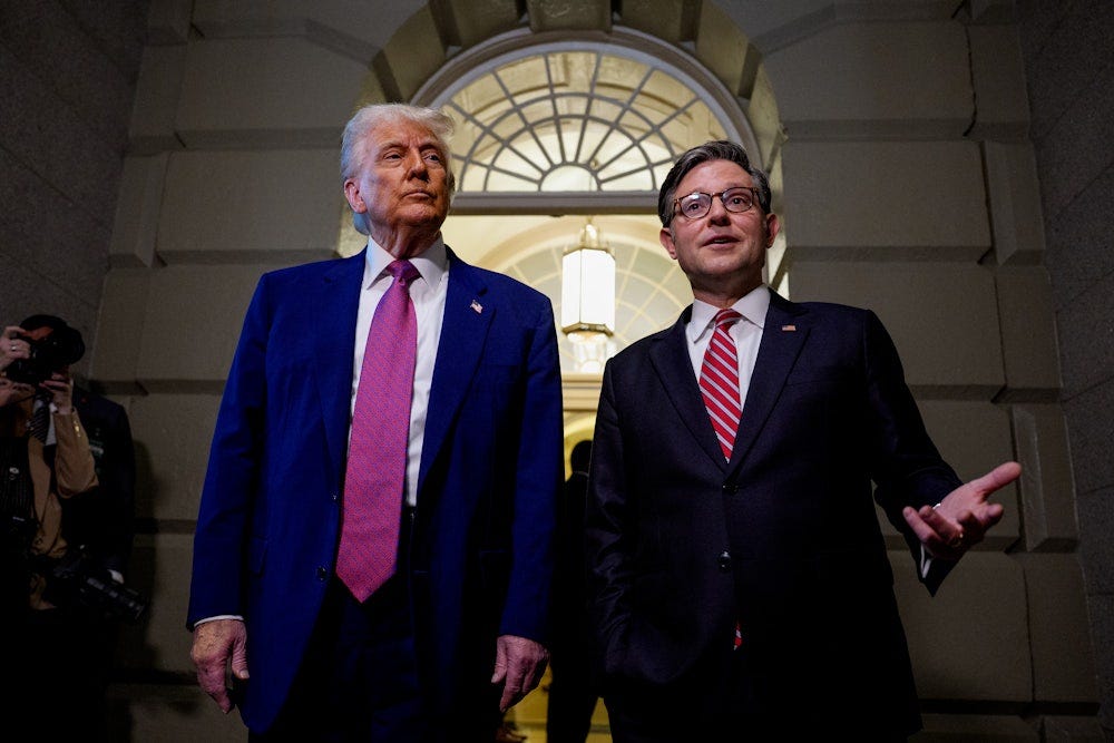 Speaker of the House Mike Johnson accompanied by U.S. President Donald Trump, speaks to members of the media.