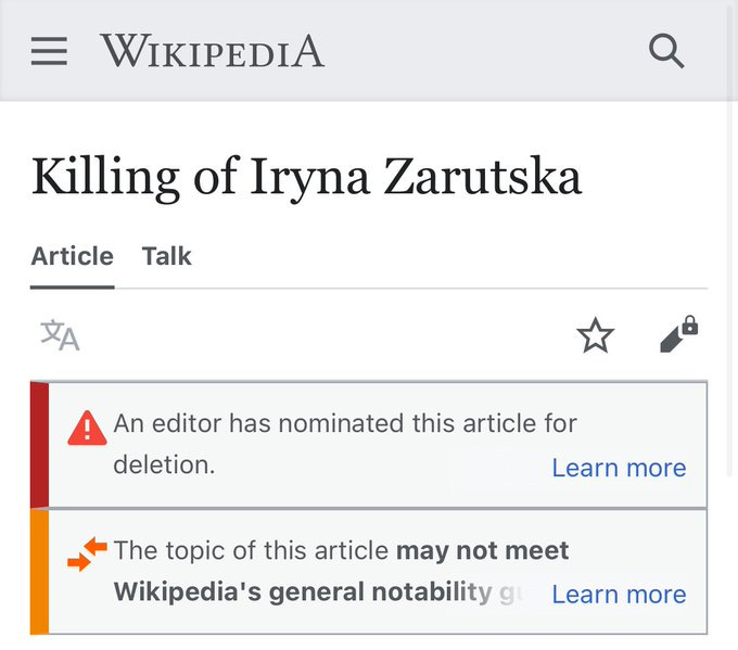A Wikipedia webpage screenshot displaying the title "Killing of Iryna Zarutska" in bold black text. Below the title, tabs for "Article" and "Talk" are visible. A red warning banner states "An editor has nominated this article for deletion." An orange box below mentions the article may not meet Wikipedia\'s notability guidelines, with a "Learn more" link. A Wikipedia webpage screenshot displaying the title "Killing of Iryna Zarutska" in bold black text. Below the title, tabs for "Article" and "Talk" are visible. A red warning banner states "An editor has nominated this article for deletion." An orange box below mentions the article may not meet Wikipedia\'s notability guidelines, with a "Learn more" link.