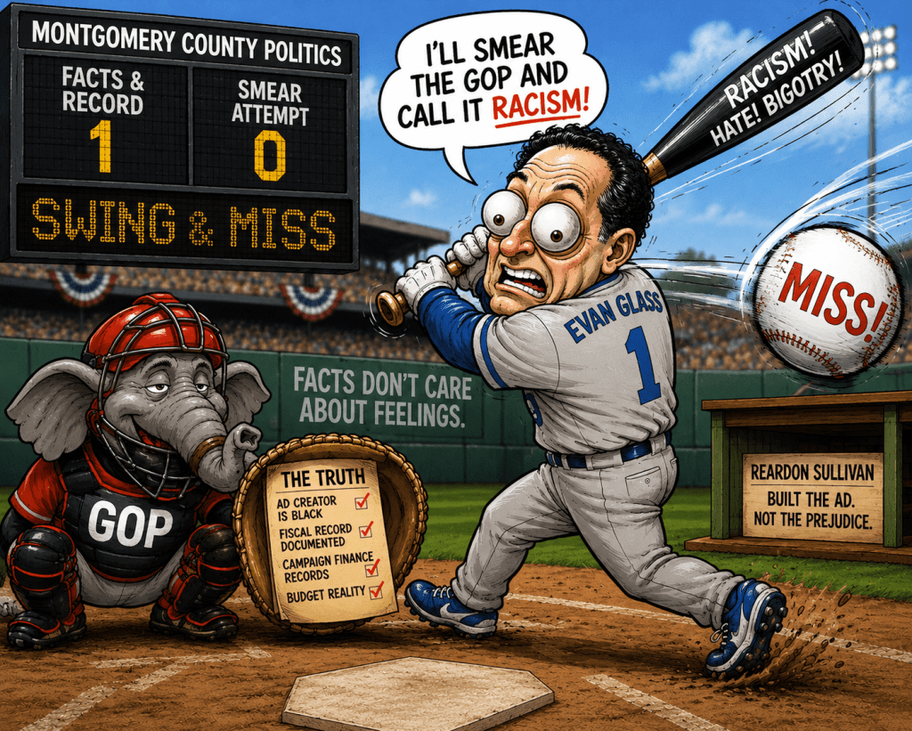 Political cartoon depicting a baseball theme, showing Evan Glass, a player in a blue jersey, swinging a bat labeled 'RACISM! HATE! BIGOTRY!' at a baseball labeled 'MISS!' Meanwhile, a cartoon elephant in a catcher's position with a GOP jersey stands next to a sign that reads 'FACTS DON'T CARE ABOUT FEELINGS.' The scoreboard shows 'FACTS & RECORD 1, SMEAR ATTEMPT 0,' and a list nearby details various truths related to an advertisement.