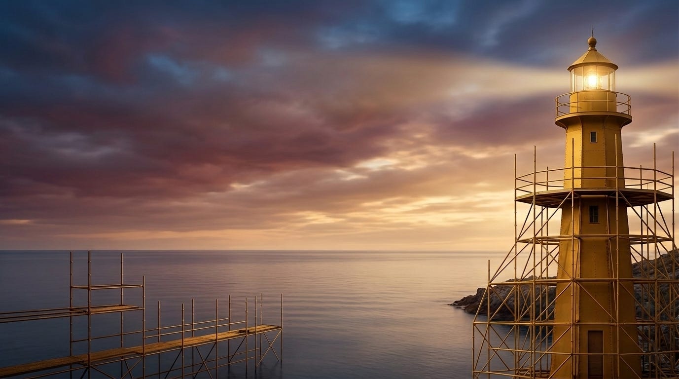The storm has calmed, clouds soft in the sky along a maroon, blue and gold sunset. The water is still and the golden lighthouse still stands. AI Generated image.