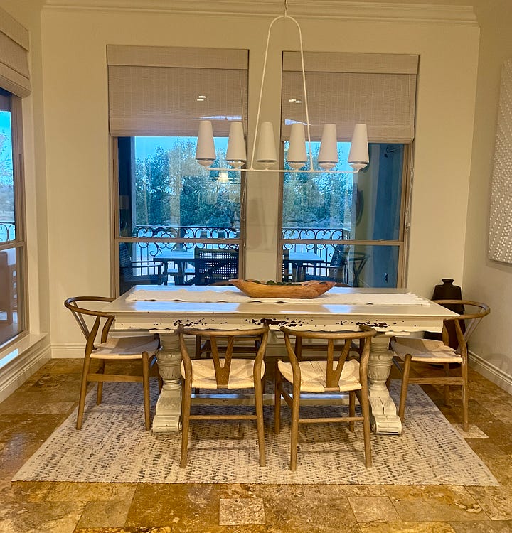 My photos of the master suite and it's amazing bathroom and the dining table that overlooks the lake.