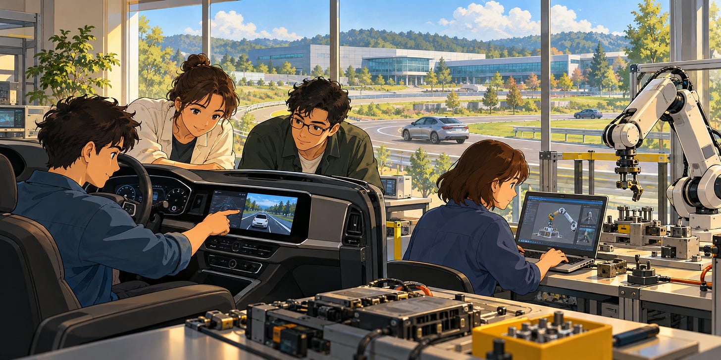 Engineers test software for vehicles and industrial robots in a sunlit laboratory. Engineers test software for vehicles and industrial robots in a sunlit laboratory.