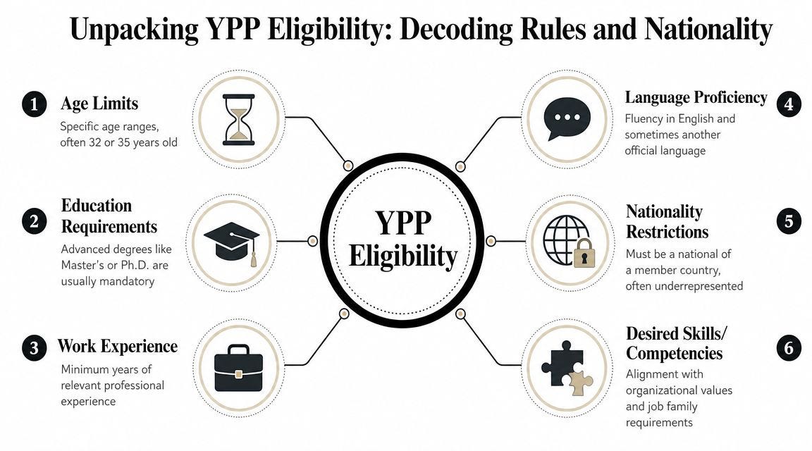 A diagram outlining the six key eligibility criteria for international organization Young Professional Programs.
