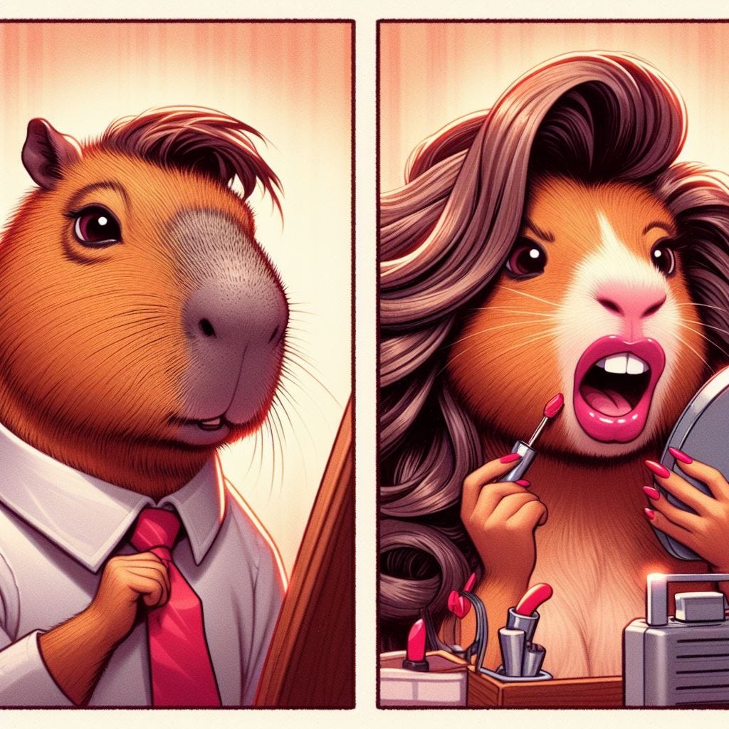 side by side images of AI generated capybaras looking in the mirror, sprucing themselves up before going out
