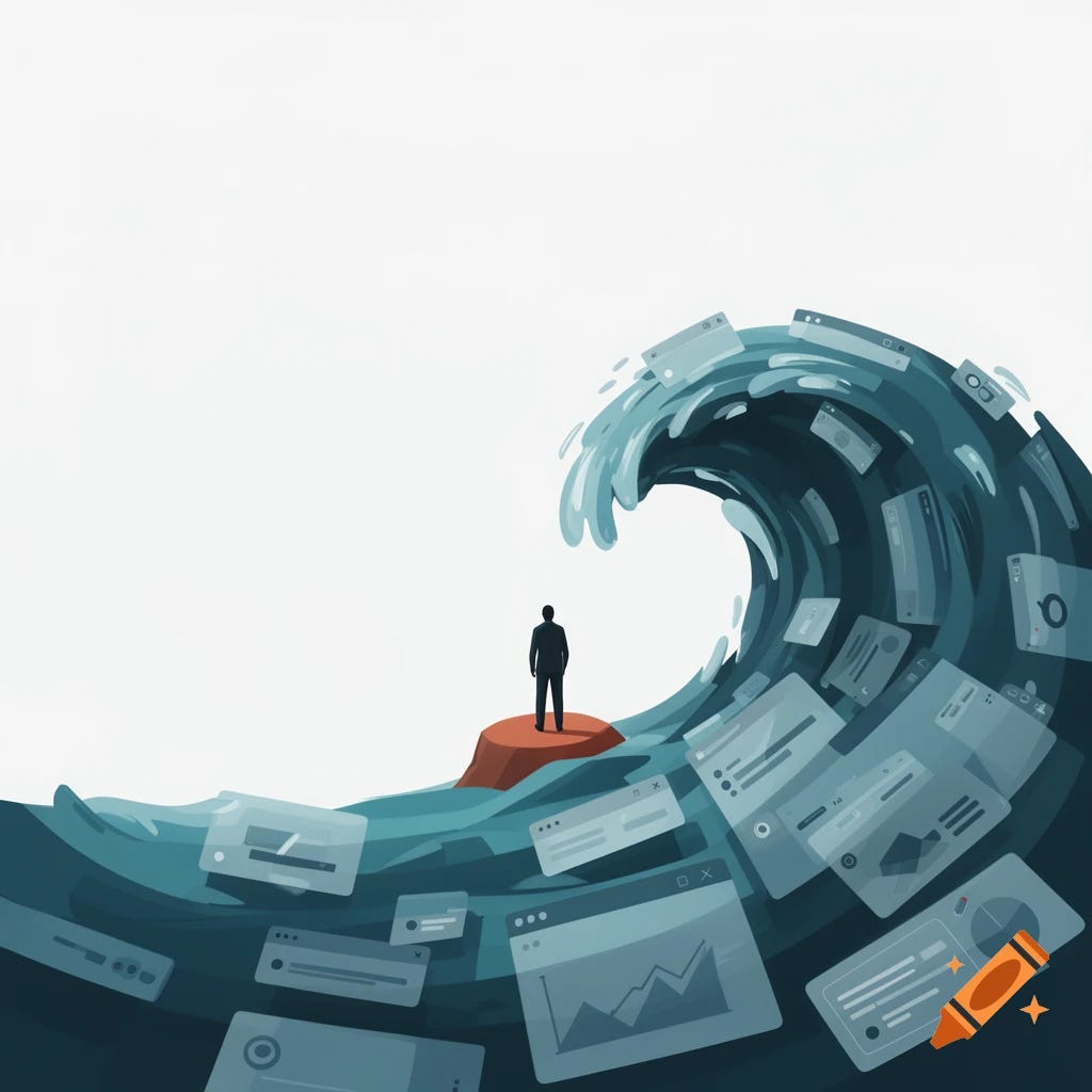 Editorial illustration of a small human silhouette standing on a tiny circular island, facing a towering wave that is made entirely of overlapping software UI windows, browser tabs, dashboard widgets, charts, and notification cards — the wave about to crash down. Minimalist, modern flat-vector illustration style with subtle gradients and soft shadows. Predominantly muted blue and deep teal palette, with a single warm accent colour (terracotta or amber) on the human figure for focal contrast. Generous negative space in the upper portion suitable for a title overlay. Clean geometric composition, slightly stylised, no photorealism, no text, no recognisable brand logos. Conceptual editorial style reminiscent of New Yorker or Wired cover art. Square 1:1 aspect ratio, 1024x1024. Editorial illustration of a small human silhouette standing on a tiny circular island, facing a towering wave that is made entirely of overlapping software UI windows, browser tabs, dashboard widgets, charts, and notification cards — the wave about to crash down. Minimalist, modern flat-vector illustration style with subtle gradients and soft shadows. Predominantly muted blue and deep teal palette, with a single warm accent colour (terracotta or amber) on the human figure for focal contrast. Generous negative space in the upper portion suitable for a title overlay. Clean geometric composition, slightly stylised, no photorealism, no text, no recognisable brand logos. Conceptual editorial style reminiscent of New Yorker or Wired cover art. Square 1:1 aspect ratio, 1024x1024.
