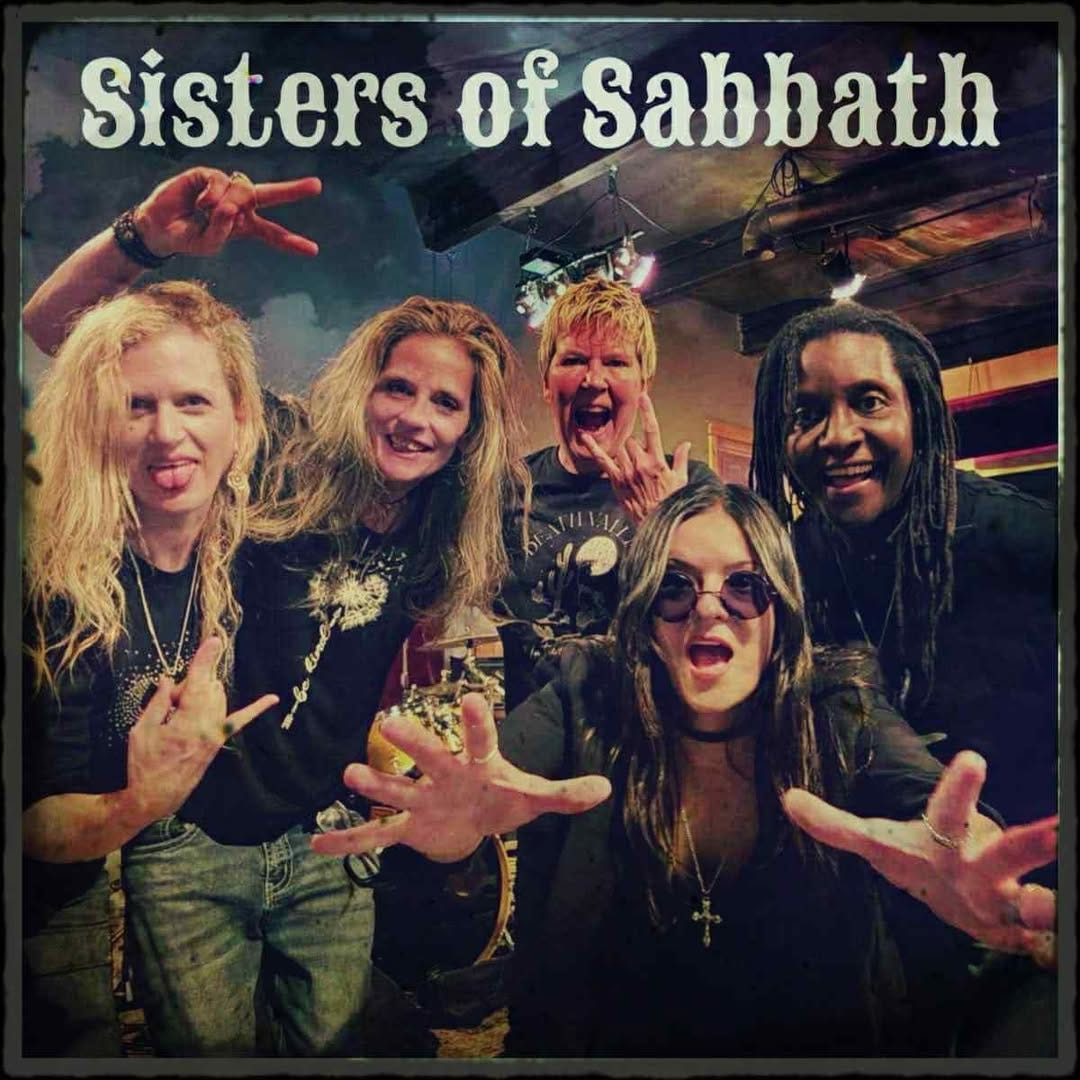 May be an image of 4 people, guitar and text that says 'Sisters of Sabbath Be'